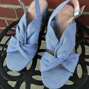 🌼J CREW BLUE TWISTED KNOT PENNY SANDAL WITH GLITTER BLOCK HEEL WOMEN SIZ…